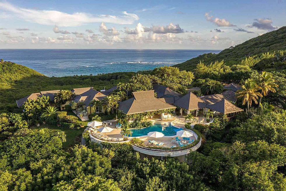 An aerial photo overlooking ain intimate resort amongst the lush forest above the ocean in Mustique, St. Vincent & The Grenadines