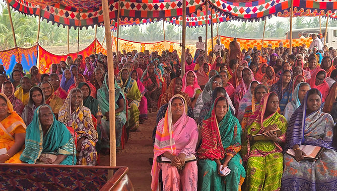 Widows gathering together for encouragement and to receive clothing and food through Sanctuary Ministries in southeast India.