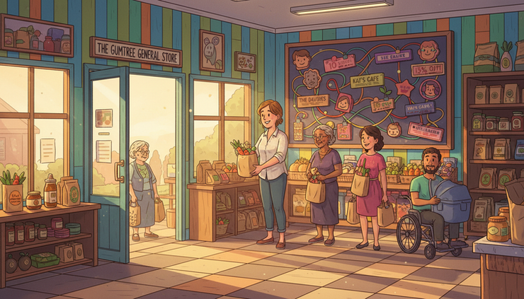 Wide-angle view of a small Australian shop owner helping regular customers near a colourful loyalty board.