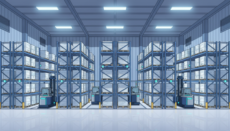 Wide-angle view of an industrial warehouse with robotic fork lifters moving pallets between blue-grey storage racks.