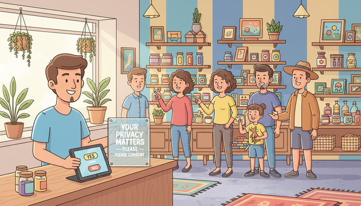 Eye-level view of a founder placing clear consent signs beside a tablet while customers browse a colourful store.
