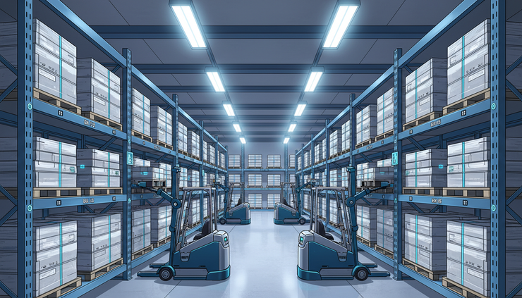High-angle view of a grey warehouse aisle showing balanced stock levels on racks while robotic fork lifters place pallets in assigned bays.