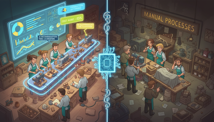 High-angle view of two small workshops with one showing bright production analytics and the other surrounded by stalled machines and clipboards