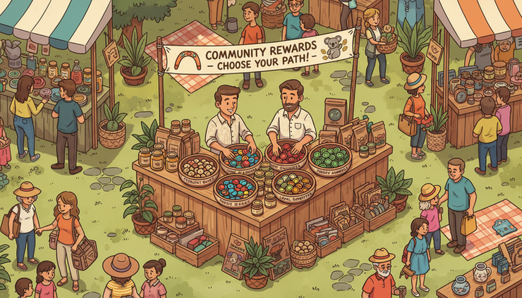 Overhead view of a colourful Australian market stall where founders sort loyalty tokens with customers nearby.