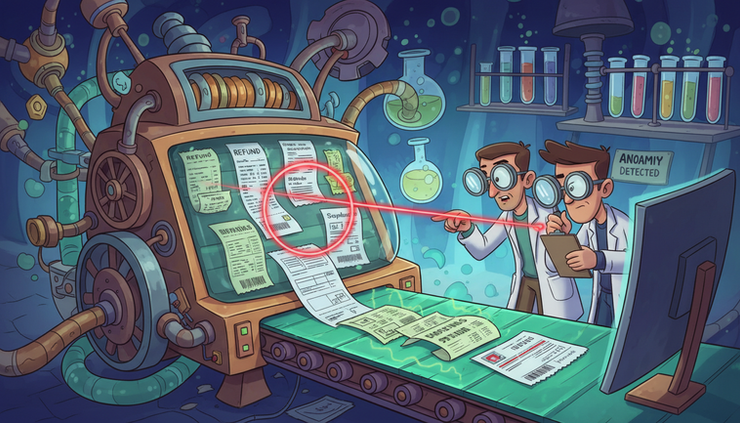 Close-up of a cartoon scanning machine highlighting abnormal refund and chargeback receipts