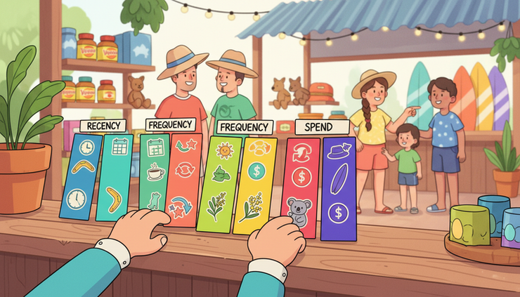 Close-up view of colourful customer cards sorted into recency frequency and spend groups on a shop counter.