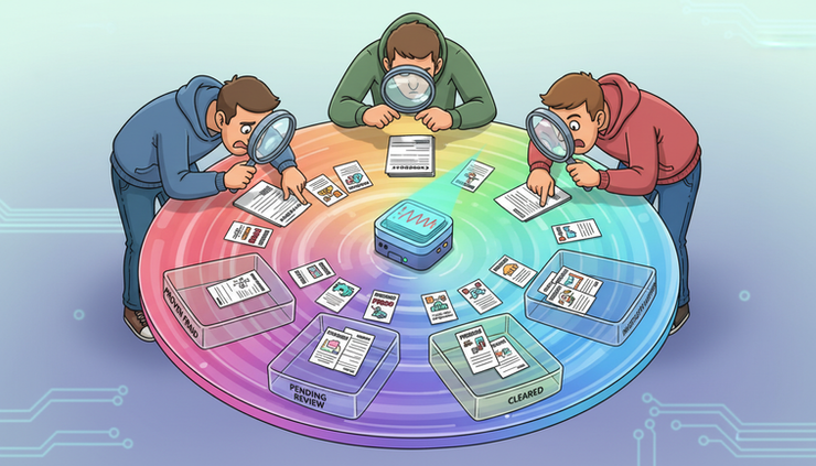 Overhead view of cartoon evidence cards being sorted into chargeback, refund and anomaly trays