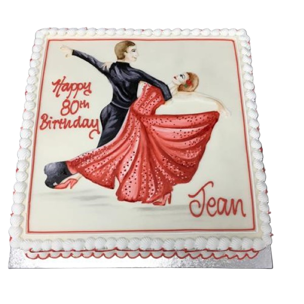 Elegant ballroom dancers themed celebration cake decorated with intricate fondant detailing and stunning design. Perfect for a dance lover's special occasion.