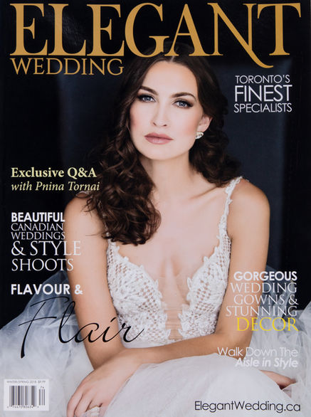 Cover of Elegant Wedding Magazine, with bride wearing lace gown with low neckline