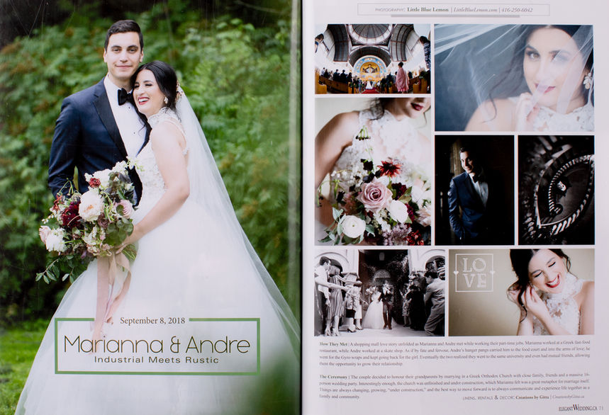 Marianna and Andre's real wedding images published in Elegant Wedding magazine. Photos taken by Little Blue Lemon in Unionville and Universal Event Space.