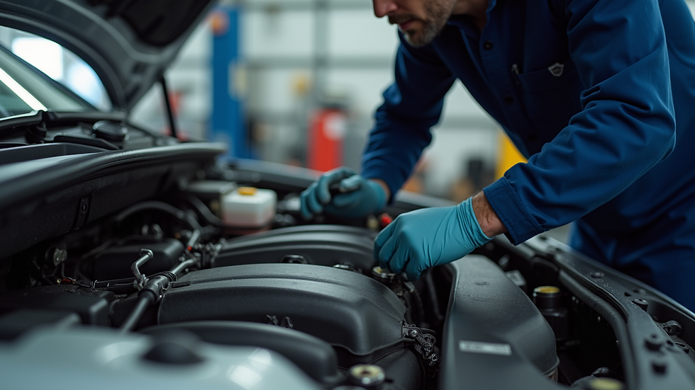 Close-up view of a mechanic inspecting a car engine
