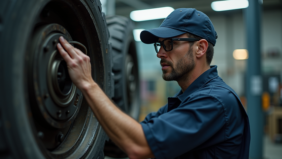 Close-up view of a mechanic inspecting heavy machinery