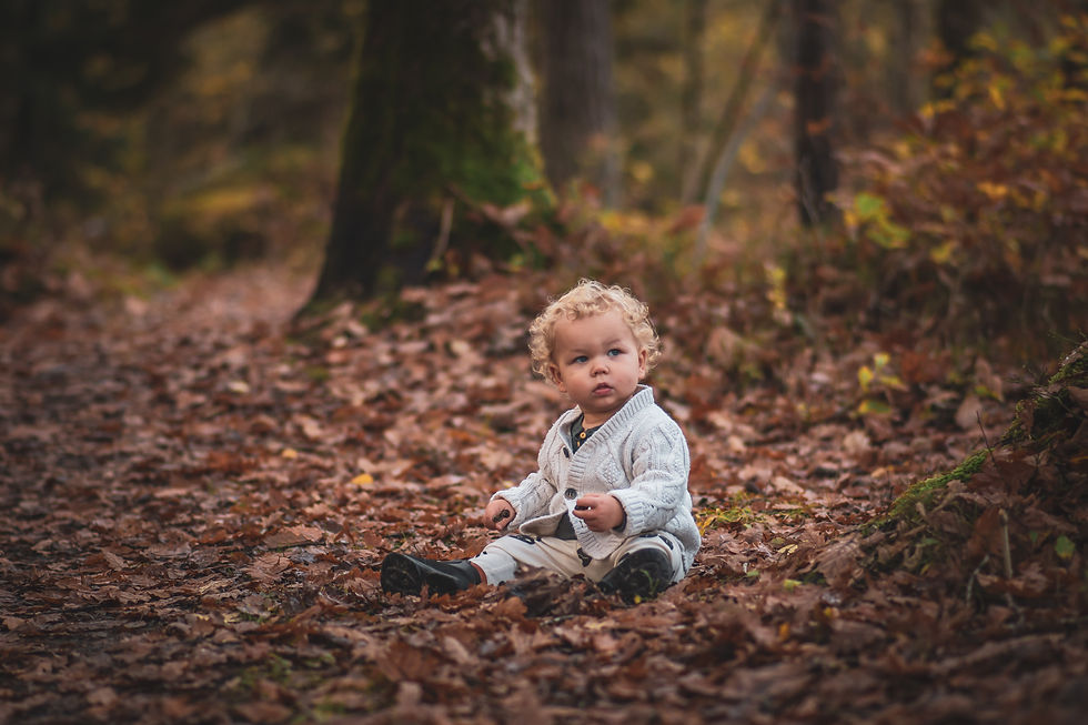 Ett litet barn som sitter bland löven i skogen