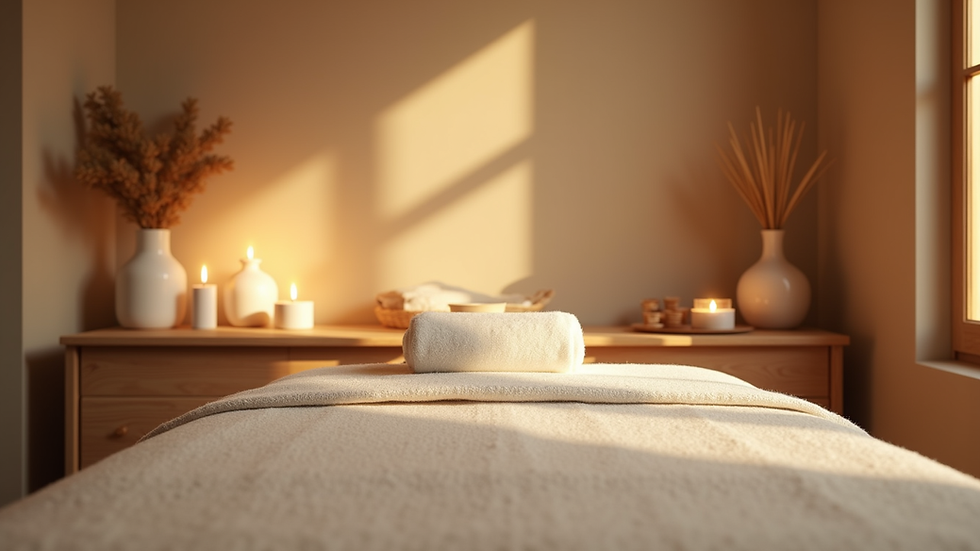 Eye-level view of a peaceful massage room with soft lighting