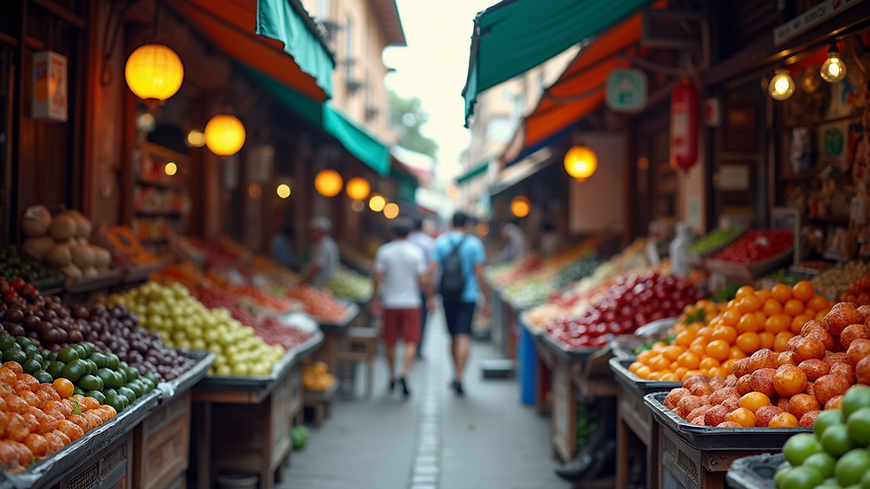 Eye-level view of a vibrant local market with colorful stalls