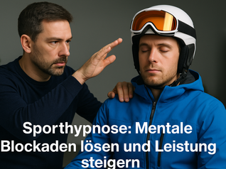 Ein Sporthypnotiseur legt konzentriert die Hand über die Schulter eines jungen Skifahrers im Skianzug und Helm, der mit geschlossenen Augen entspannt sitzt – Szene einer professionellen Hypnosesitzung zur mentalen Leistungssteigerung im Wintersport.