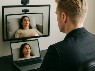 Ein Hypnotiseur mit blonden, Haaren führt eine professionelle Online-Hypnose-Sitzung durch. Er sitzt an einem Schreibtisch, blickt auf zwei Monitore, während die Klientin auf einem Sofa liegt und entspannt ist. Das Bild vermittelt eine ruhige und fokussierte Arbeitsumgebung, die die Effektivität von Online-Hypnose-Sitzungen unterstreicht.