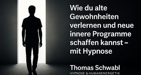 Symbolisches Motiv zur Veränderung von Gewohnheiten durch Hypnose – eine Person steht vor einem hellen Tor, hinter sich ein Schatten der Vergangenheit. Das Bild symbolisiert Transformation, emotionale Freiheit und Neubeginn. Branding: „Thomas Schwabl Hypnose & Humanenergetik – www.thomas-schwabl.at“
