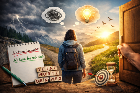 Eine Person steht an einer Weggabelung: links dunkle Wolken, rechts warmes Licht. Im Vordergrund zeigt ein Notizblock den Satz „Ich kann das nicht“ – und darunter die neue, veränderbare Version „Ich kann das noch nicht“. Das Bild macht sichtbar, wie kleine Wortänderungen neue Wege im Alltag öffnen.