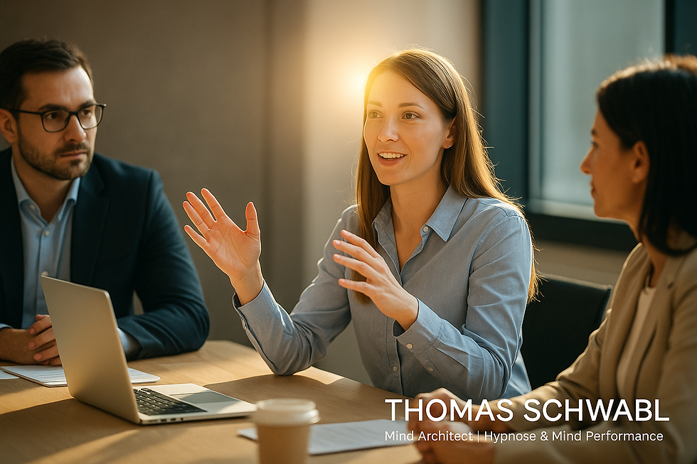 „Selbstbewusste Frau spricht in einem Meeting, zwei Kolleg:innen hören aufmerksam zu – Symbol dafür, wie kleine Schritte und mehr Selbstvertrauen das Berufsleben verändern. Branding: Thomas Schwabl – Mind Architect | Hypnose & Mind Performance.“