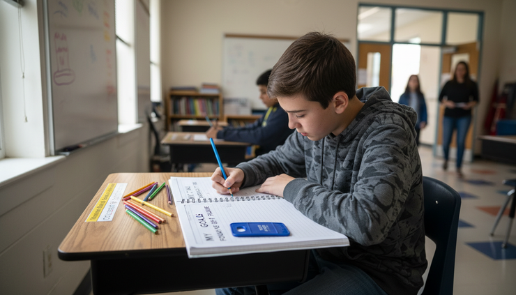 Eye-level view of a student writing goals in a course planning workbook