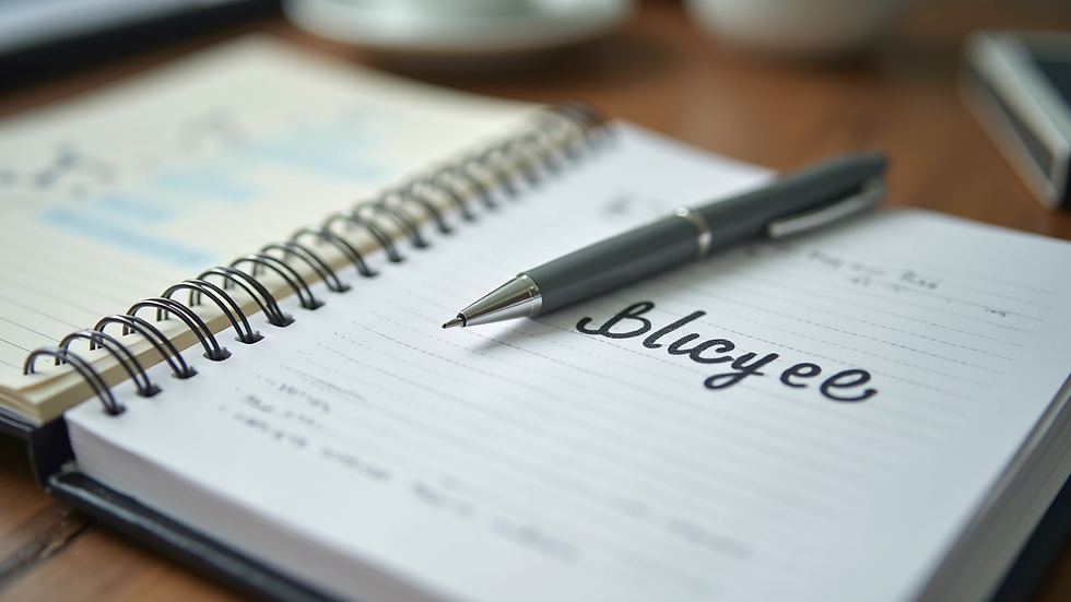 Close-up view of a notebook with consulting blog ideas and a pen