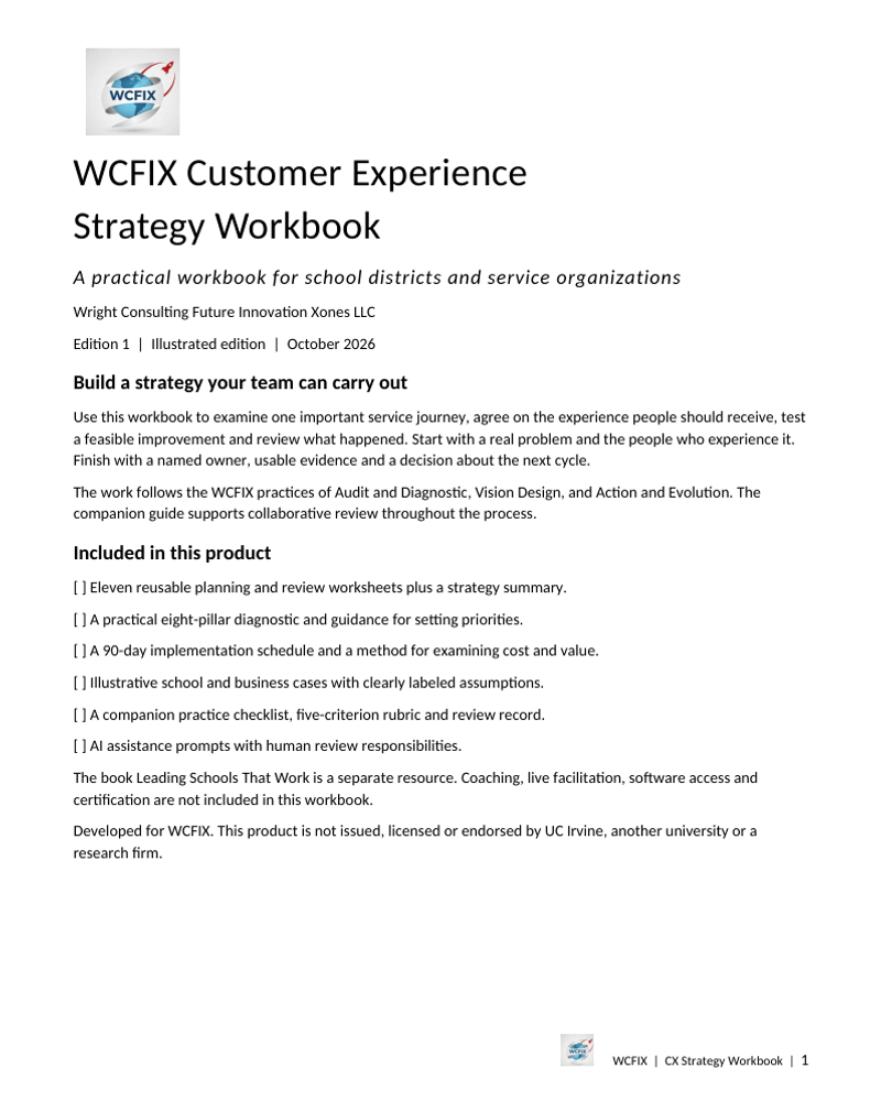 WCFIX CX Strategy Workbook cover showing a modern branded design for consulting strategy