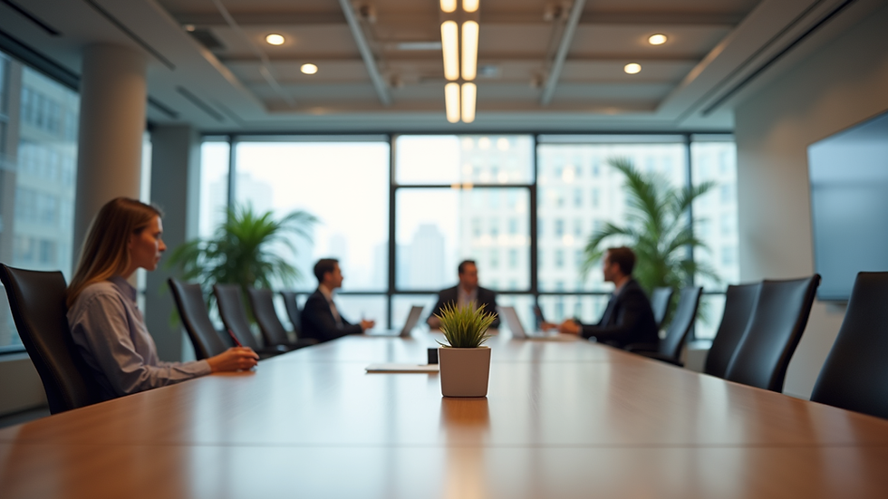 Eye-level view of a modern office meeting room with collaborative workspace