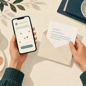 Editorial illustration of a person comparing a referral letter with an online dermatology appointment.