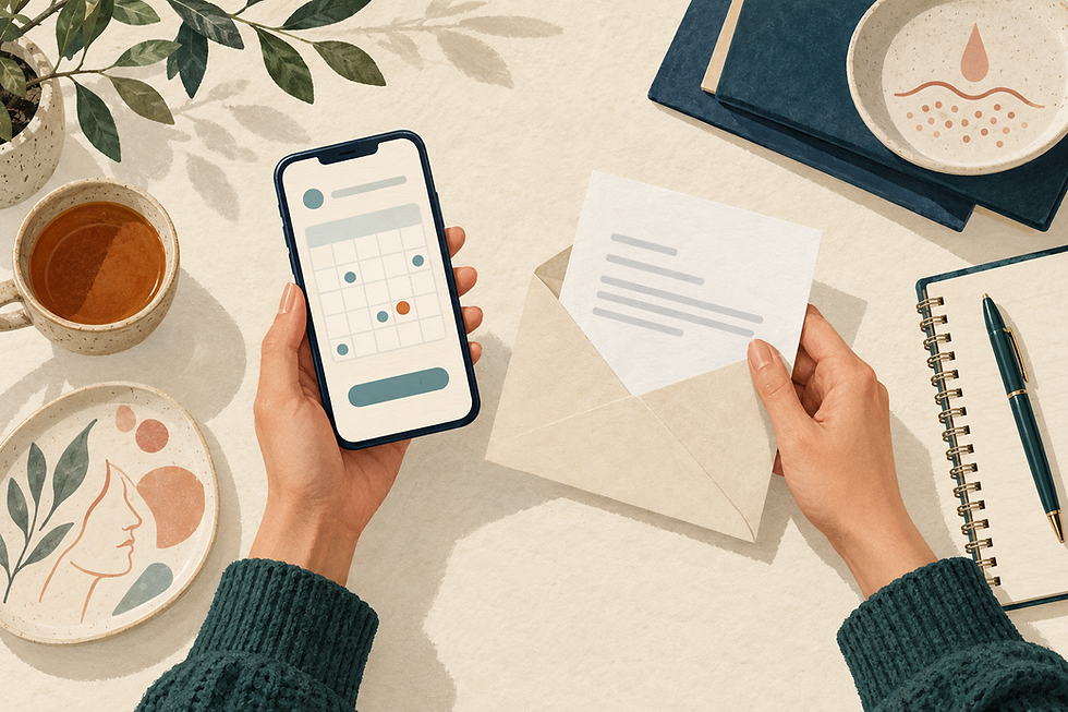 Editorial illustration of a person comparing a referral letter with an online dermatology appointment.