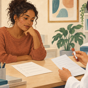 Editorial illustration of a patient discussing isotretinoin blood-test monitoring at an acne assessment.