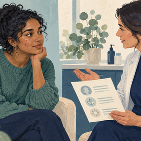 Editorial illustration of a young adult discussing acne and early scarring concerns with a clinician