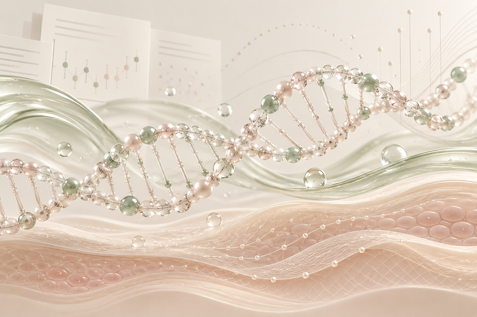 Abstract DNA ribbon, hydrated skin layers and research charts representing polynucleotide evidence