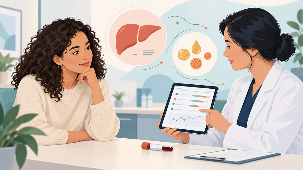 Editorial illustration of a clinician discussing liver and lipid blood-test results with an acne patient