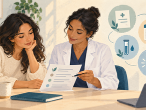 Editorial illustration of a patient and clinician reviewing an acne treatment plan with symbols for tests and follow-up