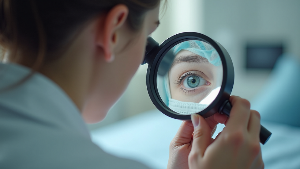 Close-up view of a dermatologist examining skin with a magnifying glass