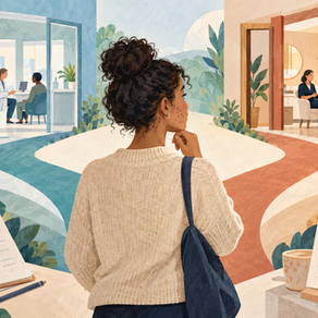 Editorial illustration of a patient comparing NHS and private acne care pathways