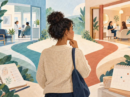 Editorial illustration of a patient comparing NHS and private acne care pathways