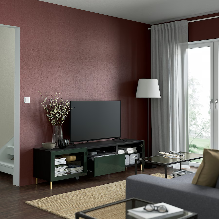 Thumbnail: IKEA Besta TV bench, black-brown Glassvik/Selsviken/Ösarp dark olive-green