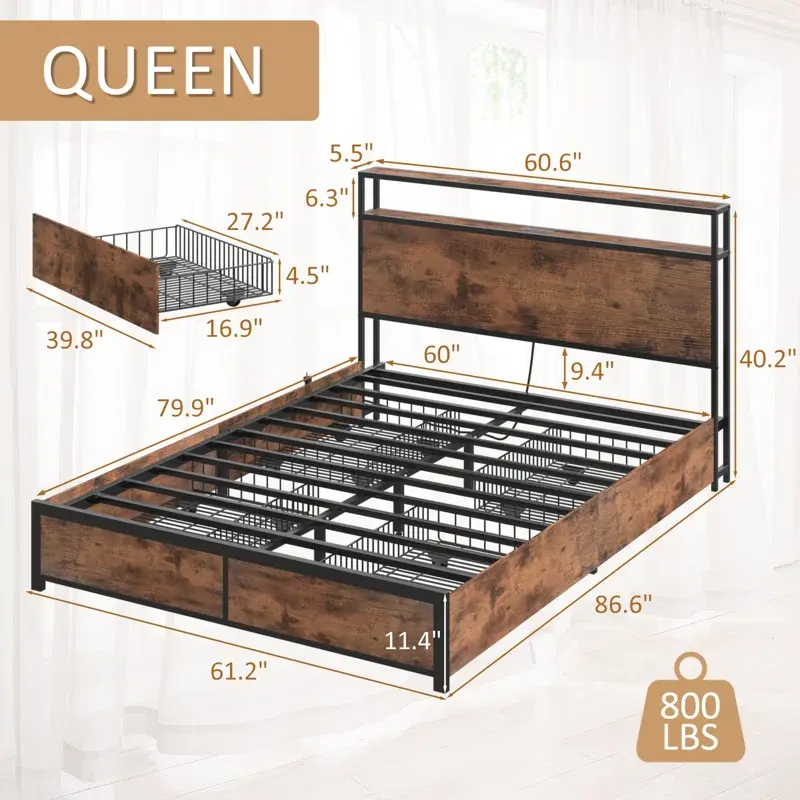 Thumbnail: Eyve Vintage Brown QUEEN Metal Bookcase Storage Bed
