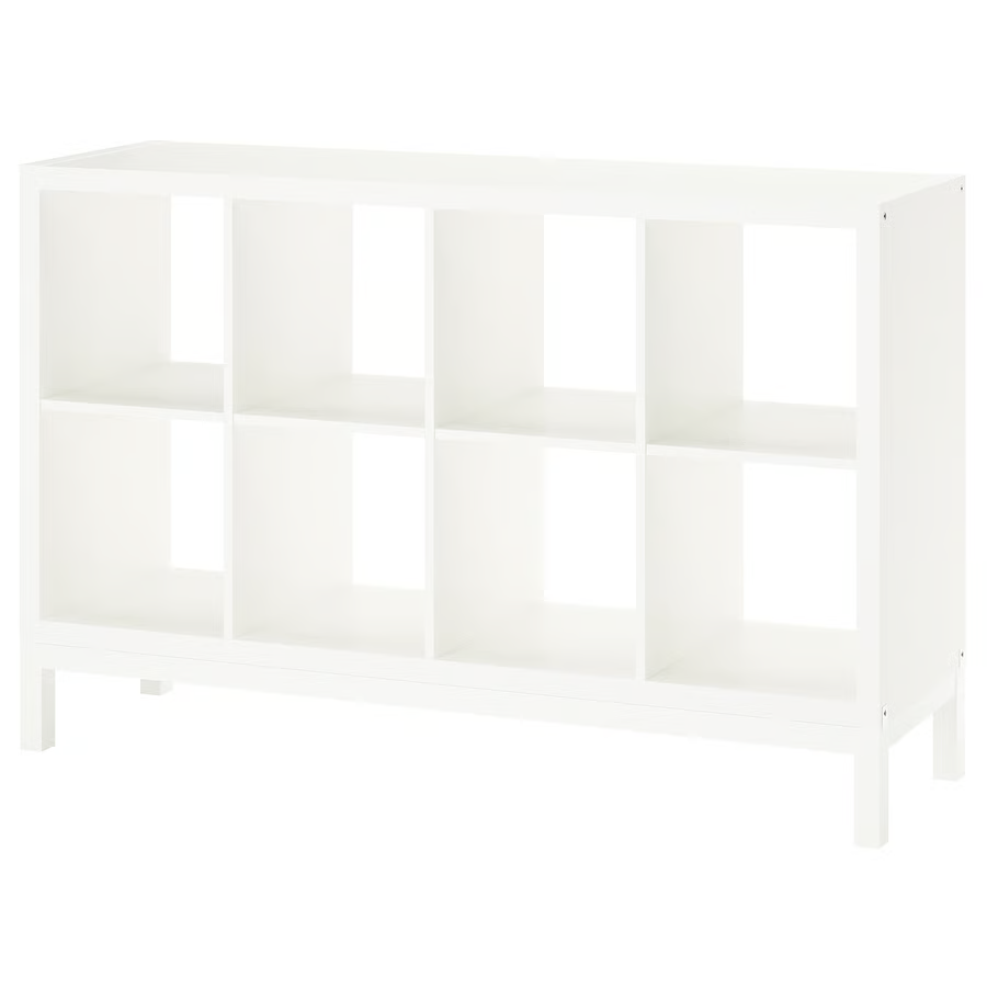 IKEA Kallax 2x4 white shelf units with white base and legs
