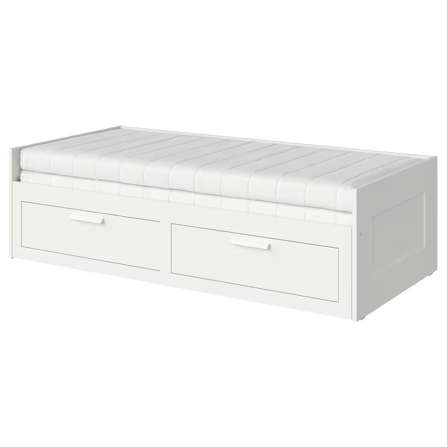 IKEA Brimnes white daybed with 2 drawers and 2 Asvang mattresses
