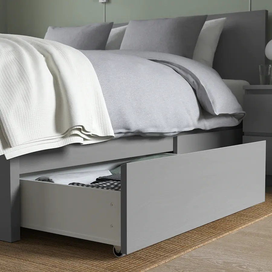 Thumbnail: IKEA Malm full/double high bed frame with 2 drawers gray stained