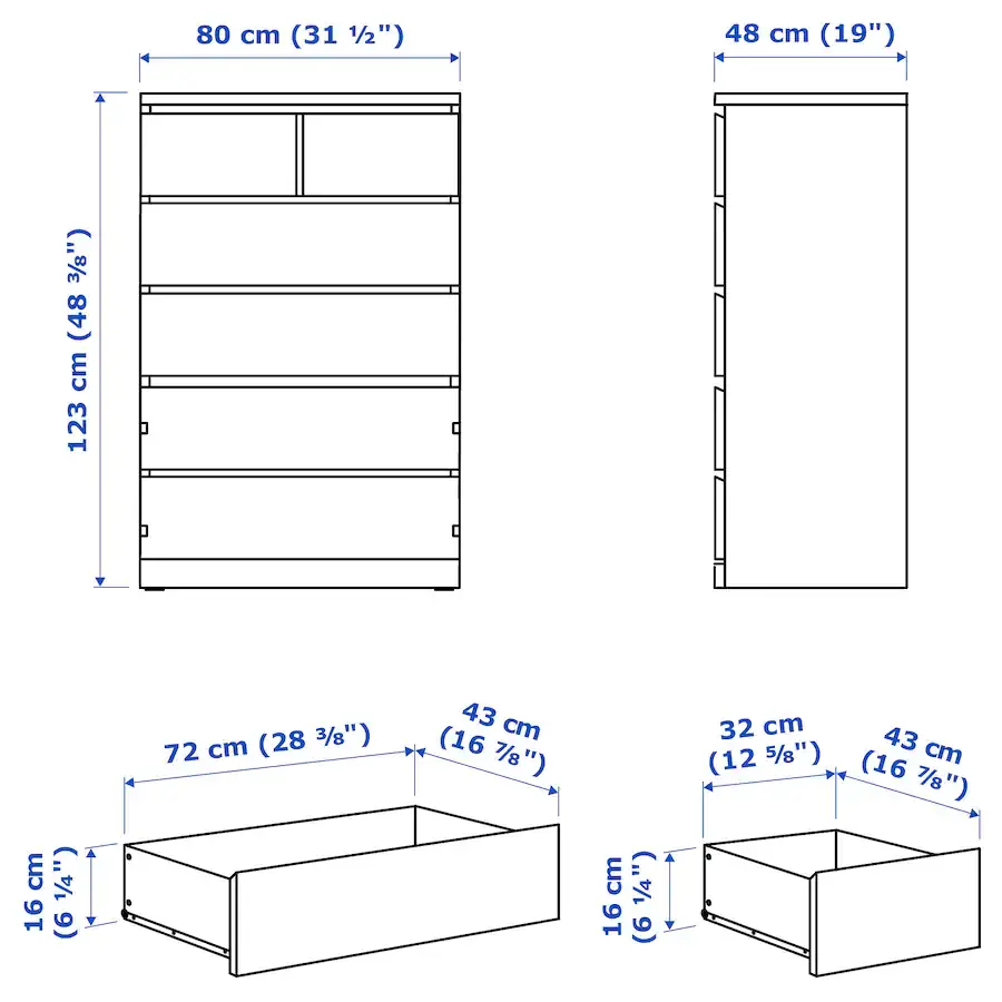 Thumbnail: IKEA Malm 6 drawer 31in wide white tall boy dresser
