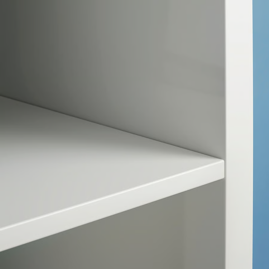 Thumbnail: IKEA Kallax 2x4 white shelf units with white base and legs