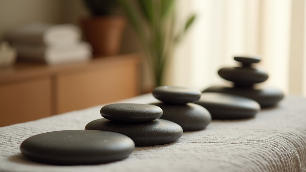 Close-up view of smooth hot stones arranged on a massage table ready for therapy