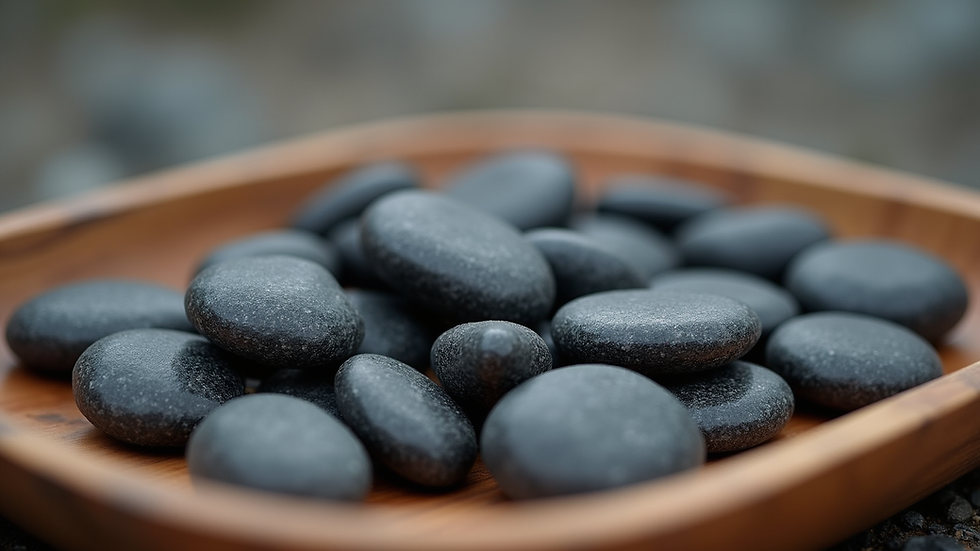 Eye-level view of smooth basalt stones arranged on a wooden tray