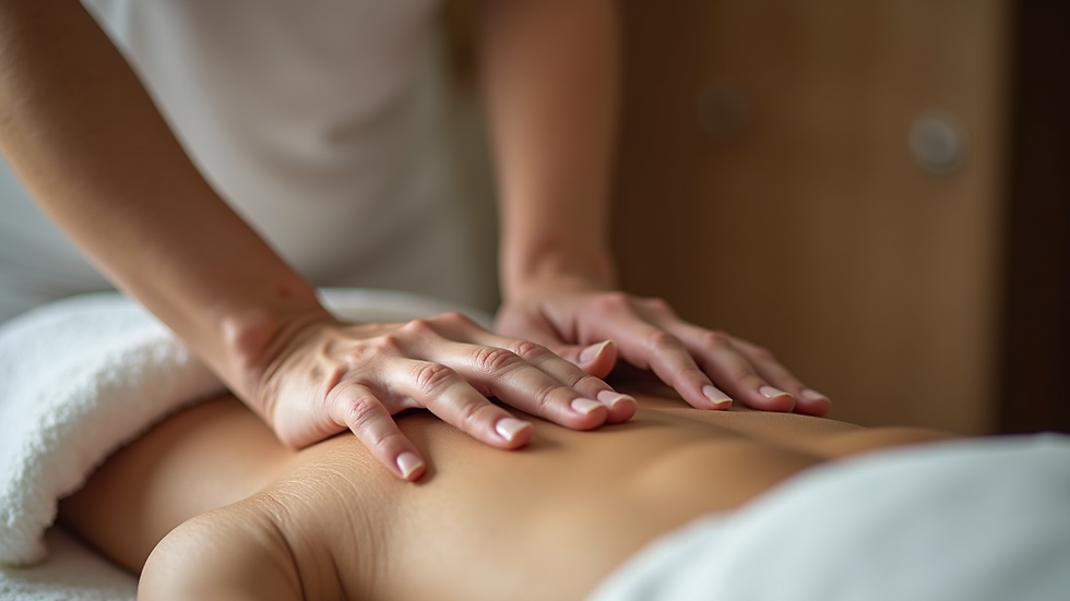 Close-up view of a massage therapist’s hands performing Thai massage stretching