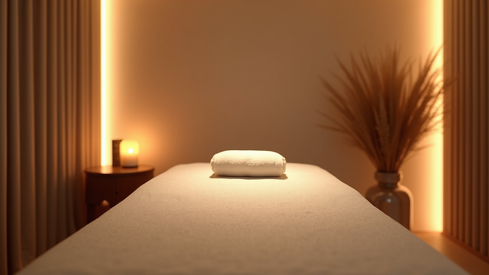 Eye-level view of a cozy massage room with soft lighting and a massage table