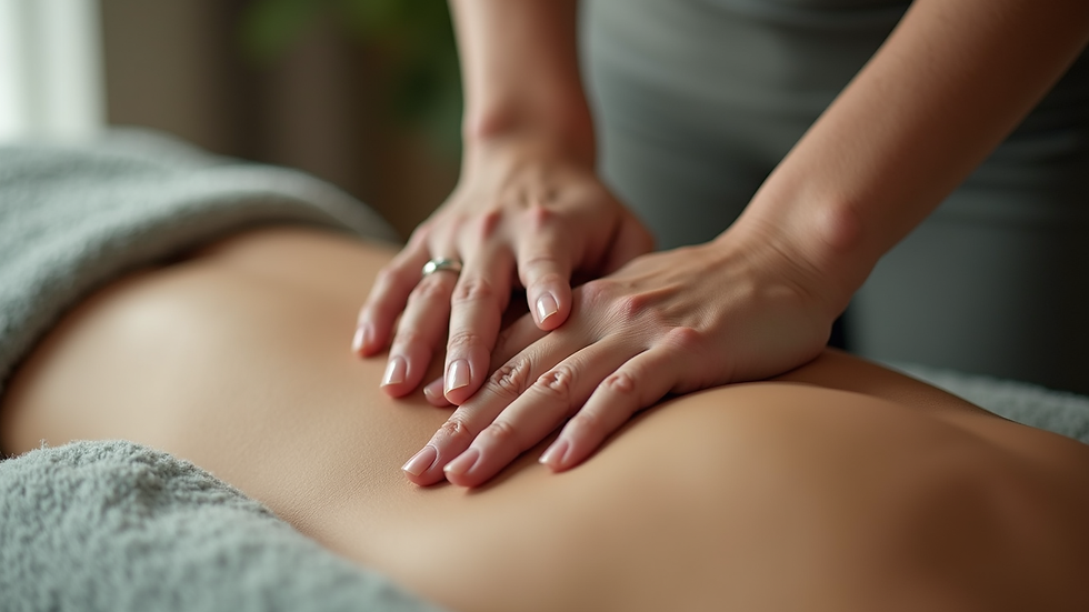 Close-up view of a massage therapist’s hands applying pressure on a client’s back